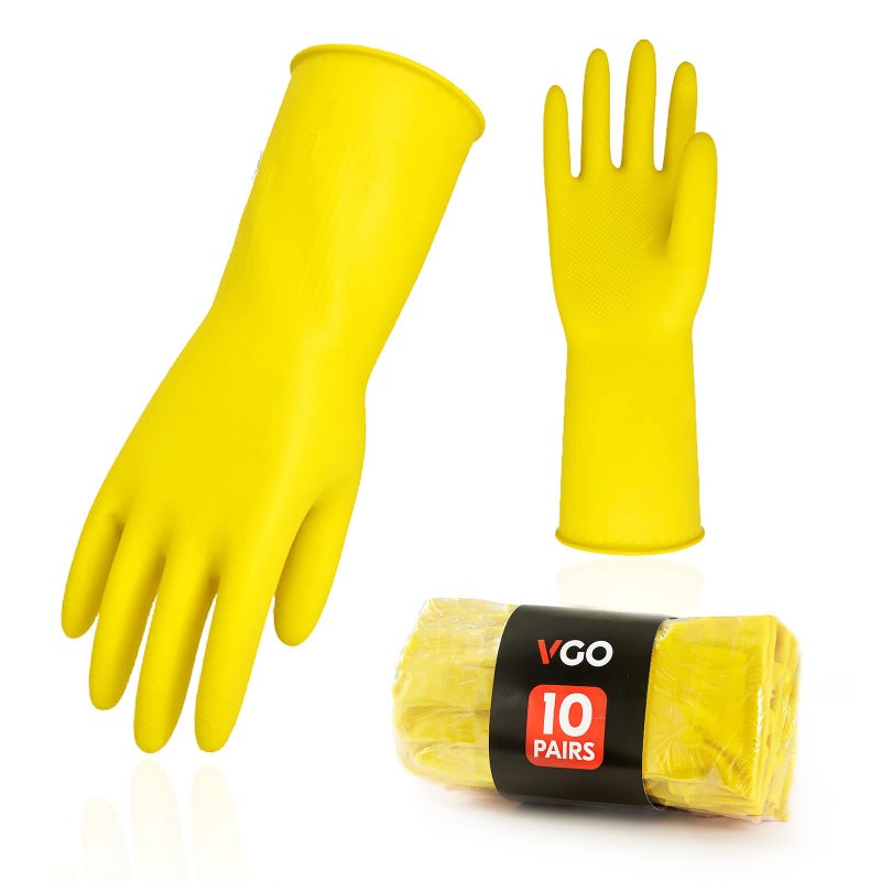 Vgo... 10-Pairs Reusable Household Gloves, Rubber Dishwashing gloves, Extra Thickness, Long Sleeves, Kitchen Cleaning, Working, Painting, Gardening, Pet Care (Size XL, Yellow, HH4601) - Image 1